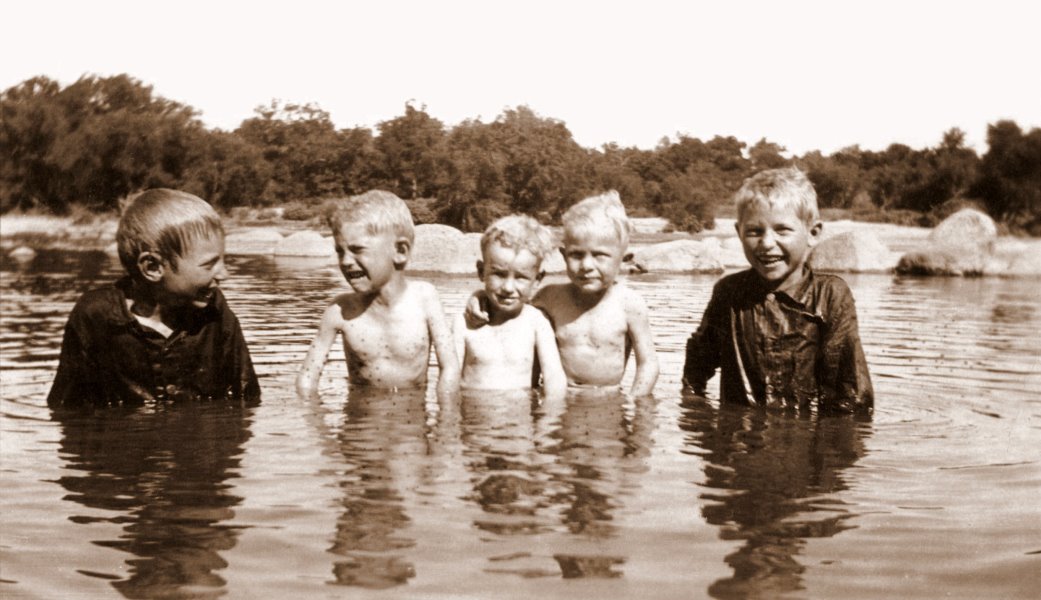 1924 George, Roland, Marion, Marco, and Vernon in the Colorado River on a visit to Marble Falls